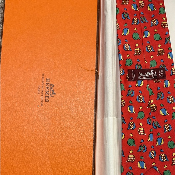 Hermes Red Tie with Colorful Icons - Picture 2 of 3